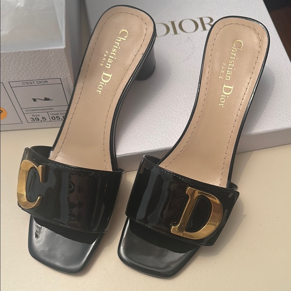 Dior Black and Gold Mules with Metallic Logo